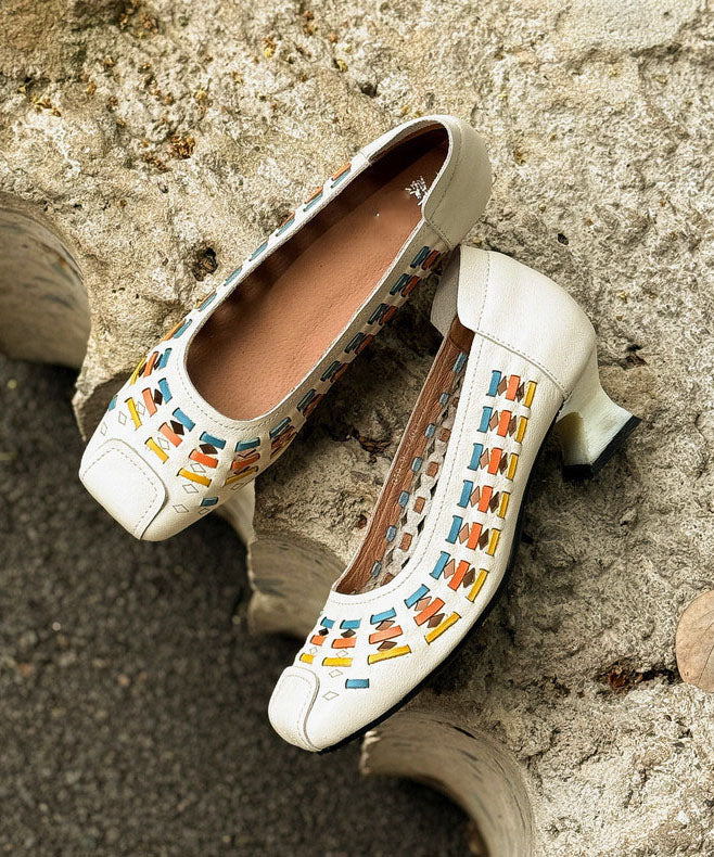 Vintage Hollow Out Splicing Chunky High Heels Grey Cowhide Leather