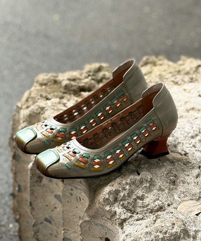 Vintage Hollow Out Splicing Chunky High Heels Grey Cowhide Leather