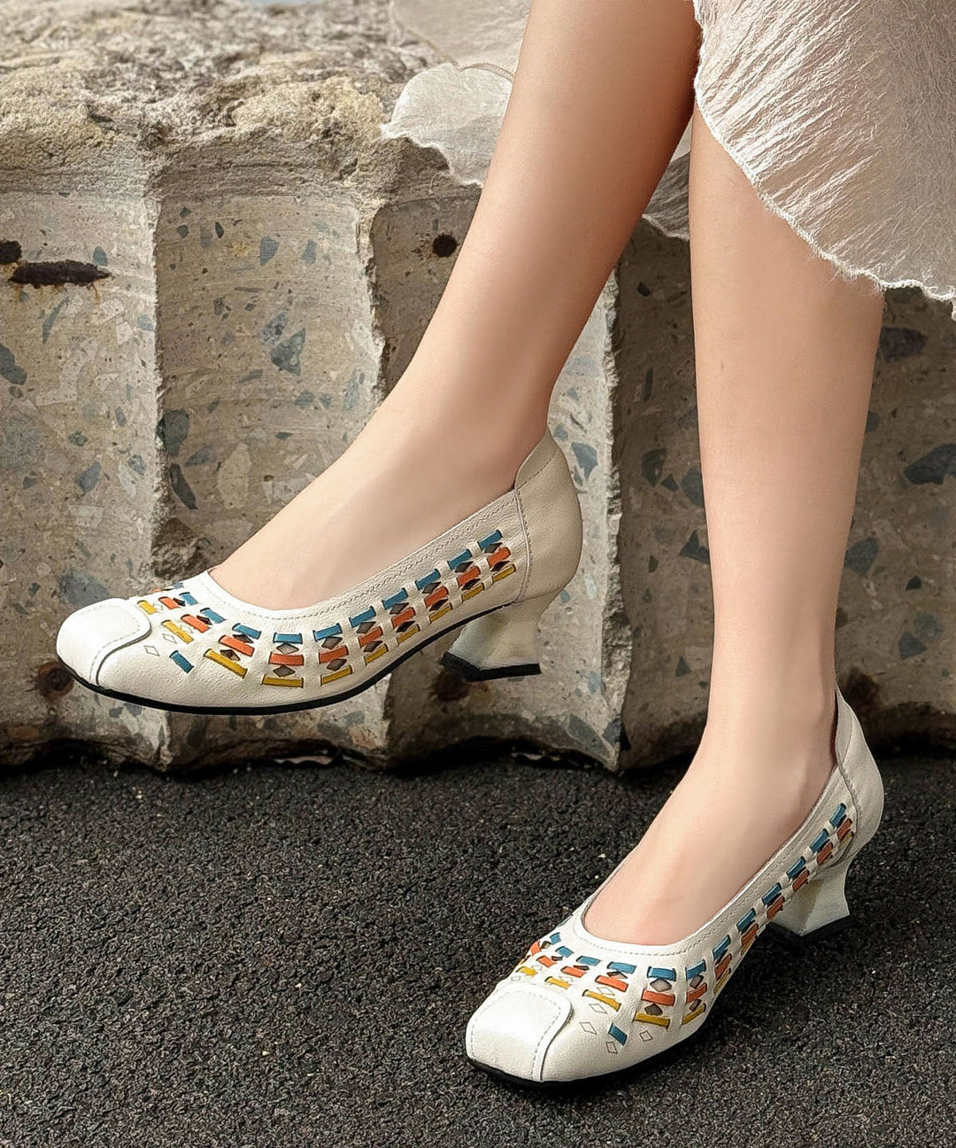 Vintage Hollow Out Splicing Chunky High Heels Grey Cowhide Leather
