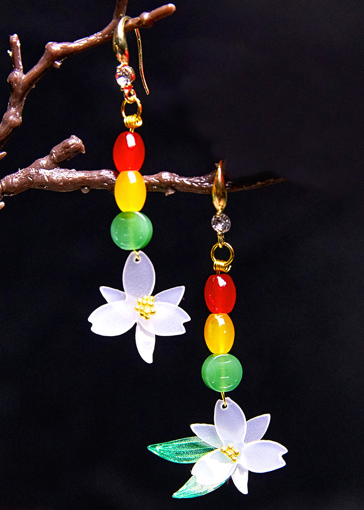 Vintage Jade Lotus Flower Zircon Drop Earrings
