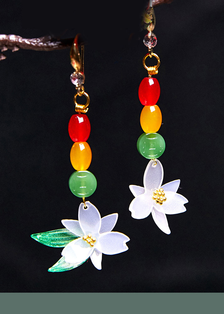 Vintage Jade Lotus Flower Zircon Drop Earrings - Omychic