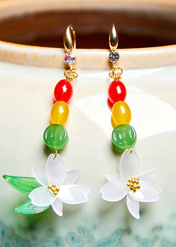 Vintage Jade Lotus Flower Zircon Drop Earrings - Omychic