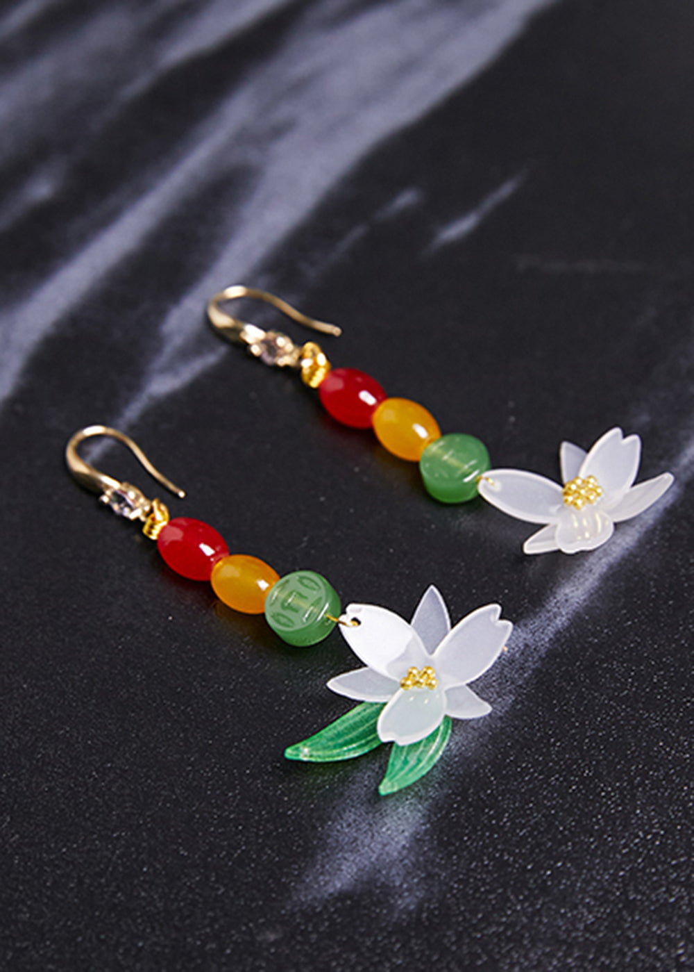 Vintage Jade Lotus Flower Zircon Drop Earrings