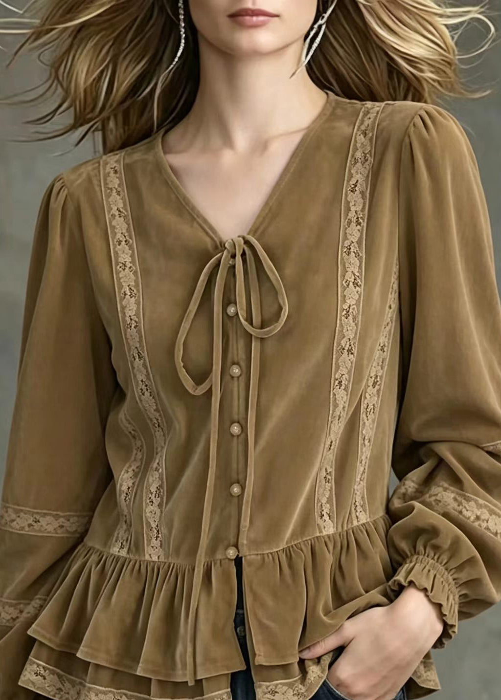 Vintage Khaki Brown V Neck Lace Up Ruffled Patchwork Lace Blouse Tops Fall
