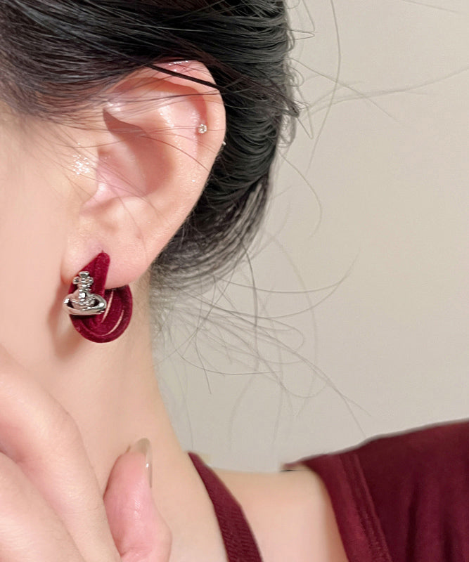 Vintage Khaki Copper Flocking Saturn C-Shaped Hoop Earrings