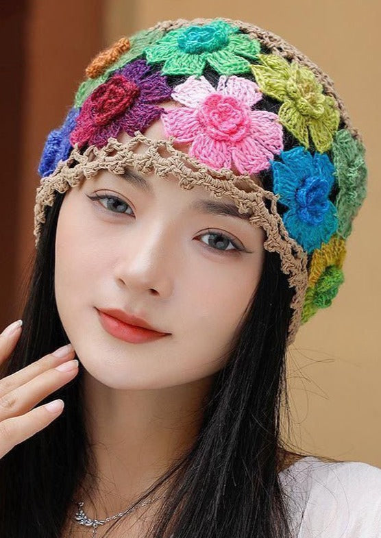 Vintage Khaki Embroidered Hollow Out Knit Bonnie Hat