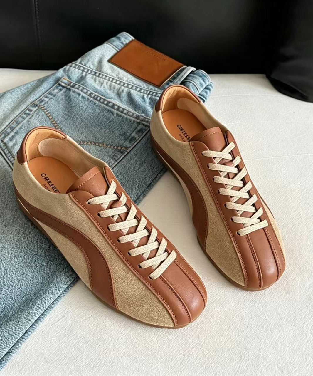 Vintage Khaki Lace Up Splicing Suede Flat