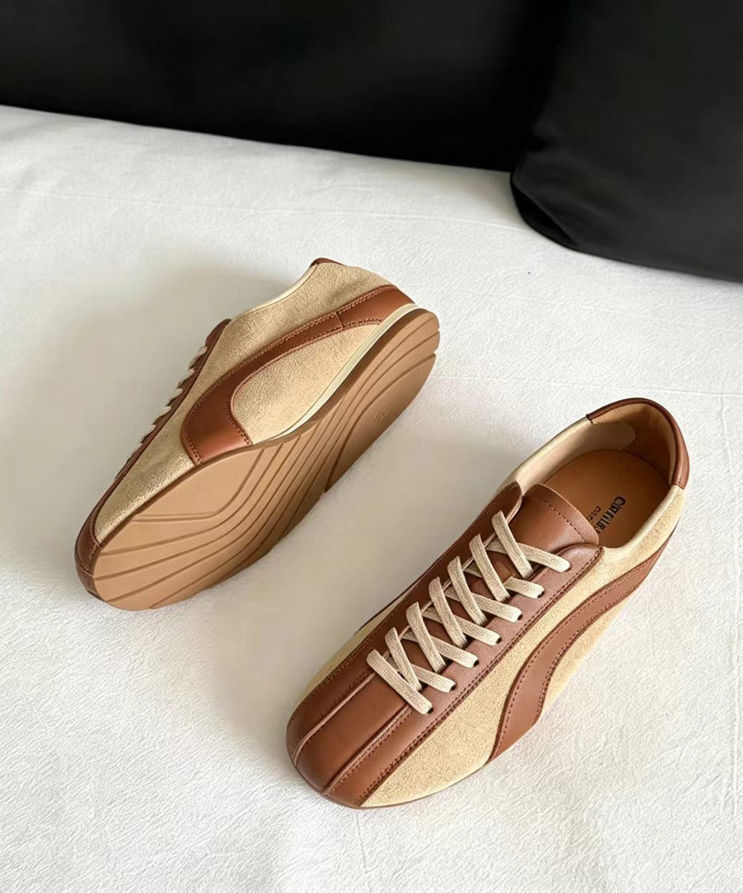 Vintage Khaki Lace Up Splicing Suede Flat