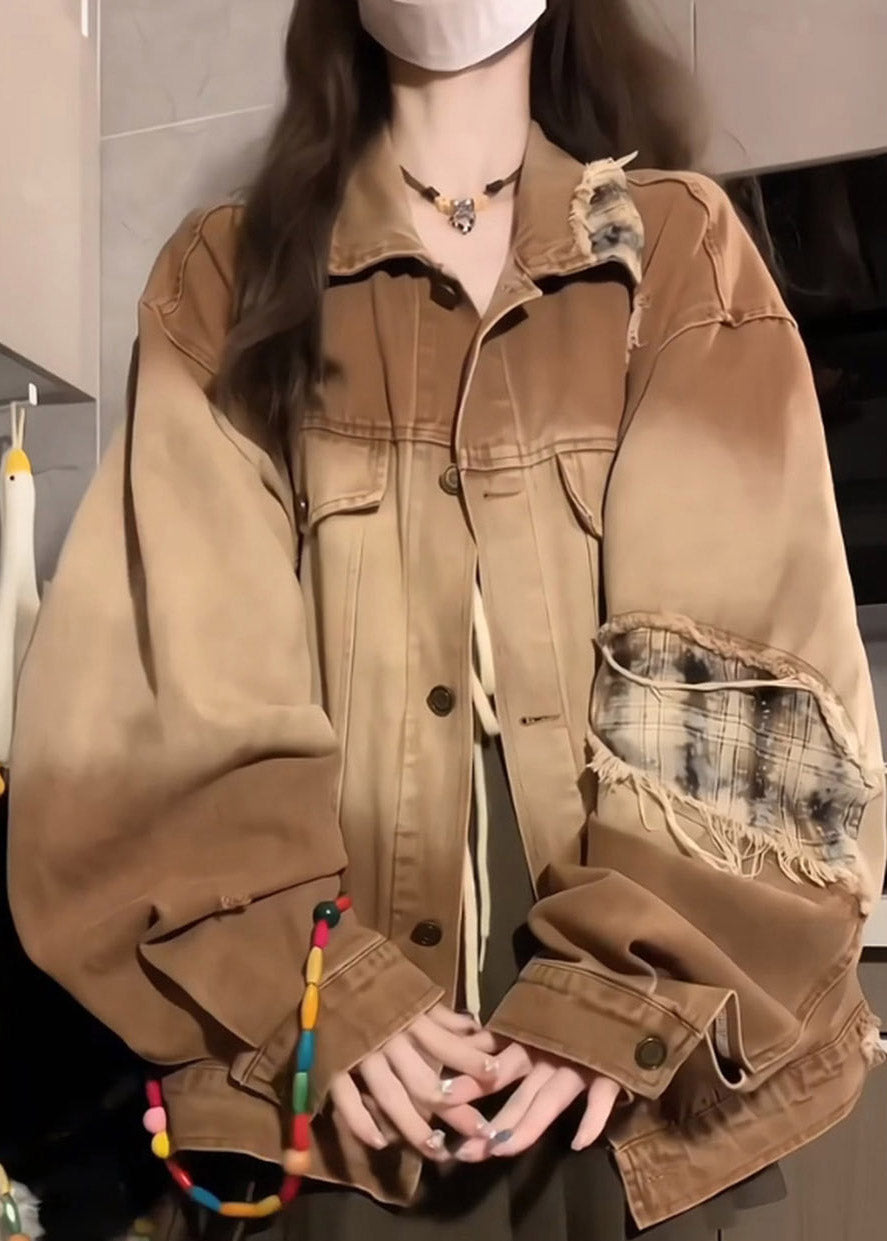 Vintage Khaki Peter Pan Collar Pockets Patchwork Patch Denim Coat Lantern Sleeve