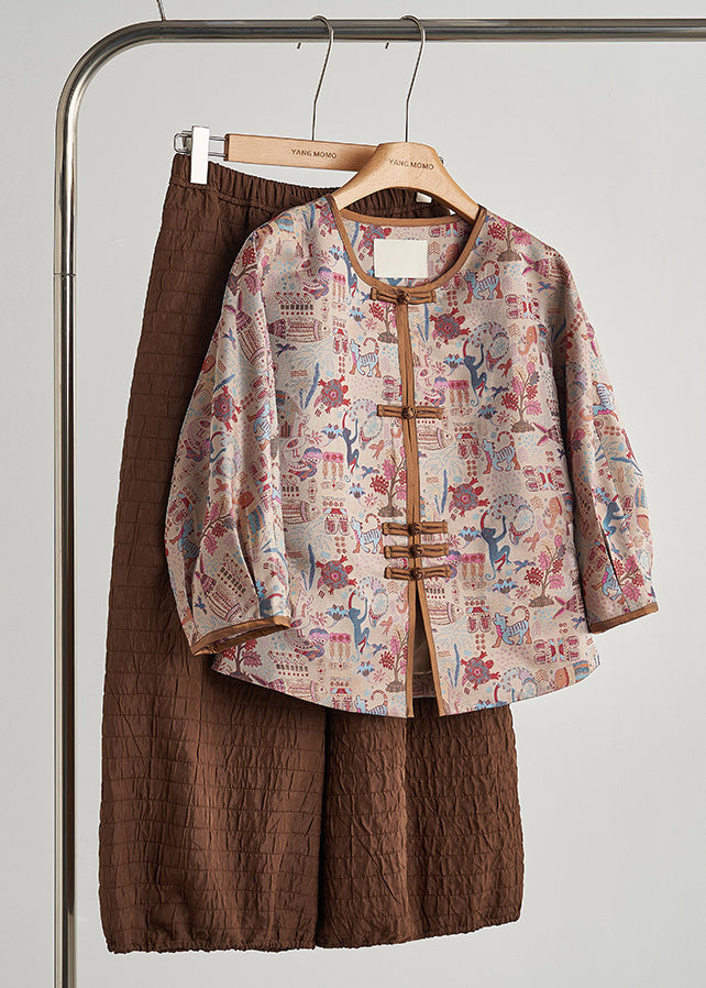 Vintage Khaki Print Chinese Button Cotton Jacket Fall