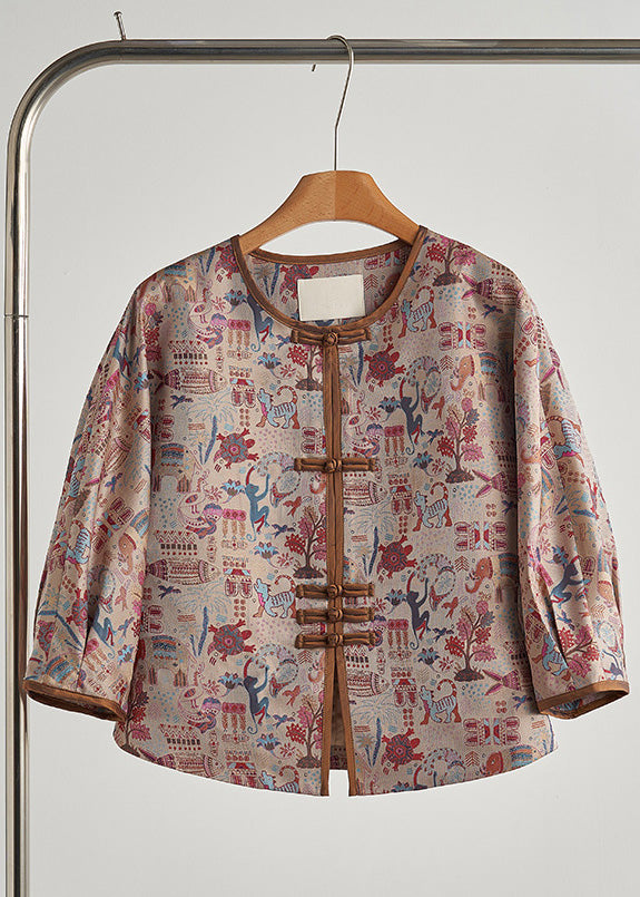 Vintage Khaki Print Chinese Button Cotton Jacket Fall