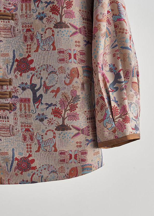 Vintage Khaki Print Chinese Button Cotton Jacket Fall