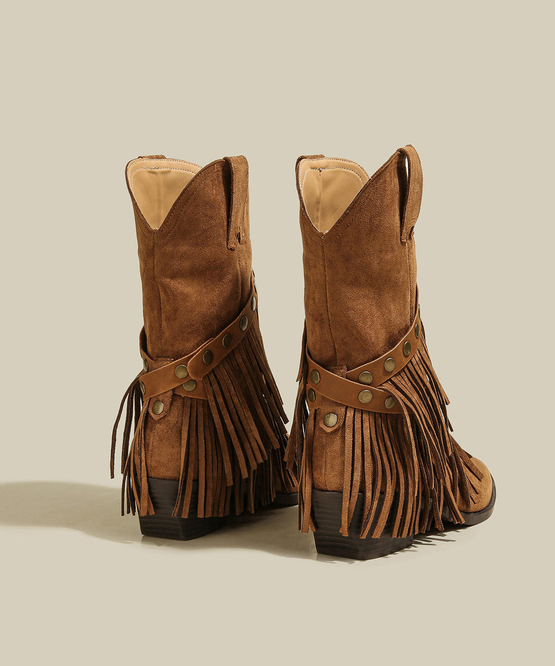 Vintage Khaki Tassel Pointed Toe Rivet Suede Wedge Cowboy Boots