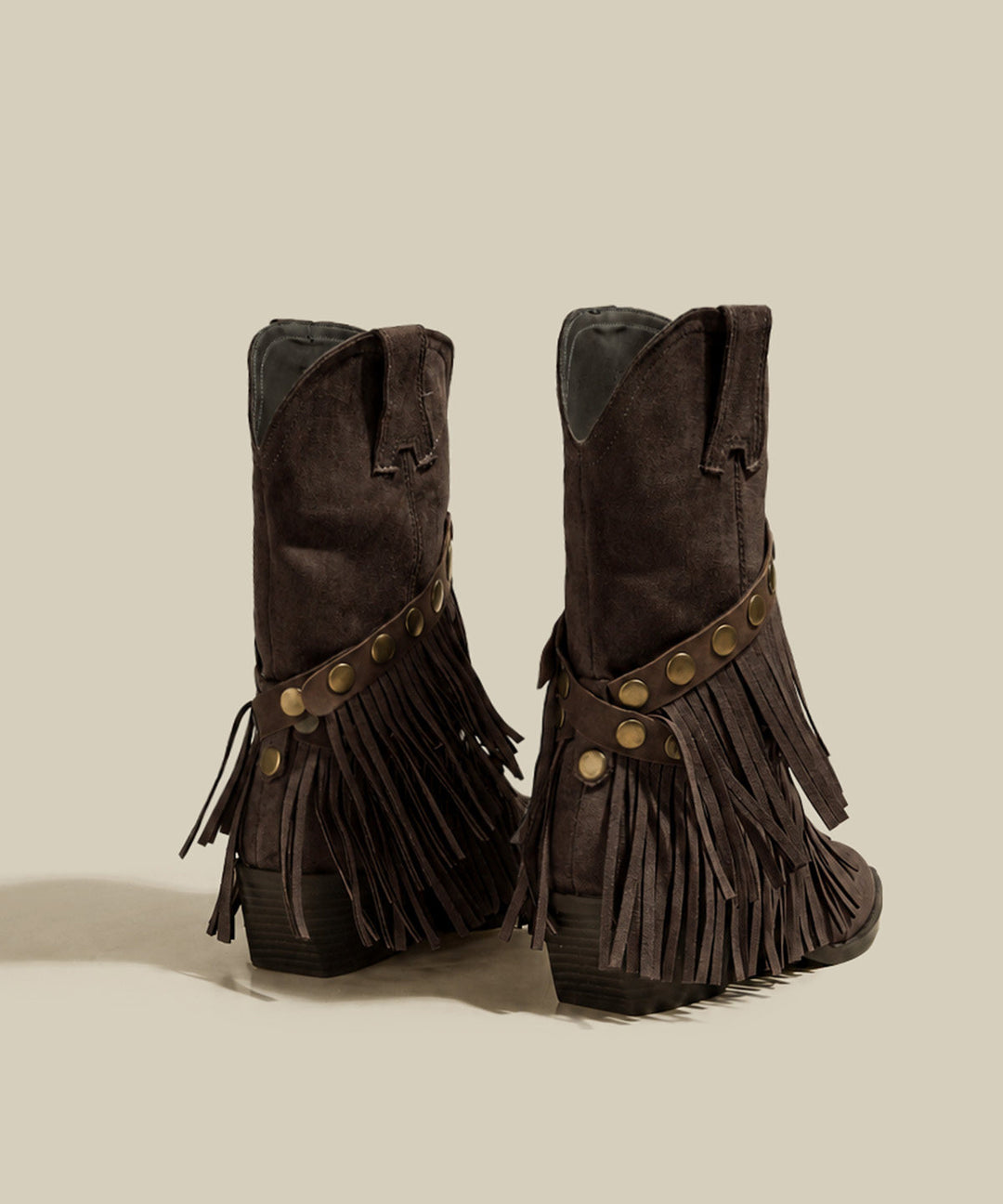 Vintage Khaki Tassel Pointed Toe Rivet Suede Wedge Cowboy Boots