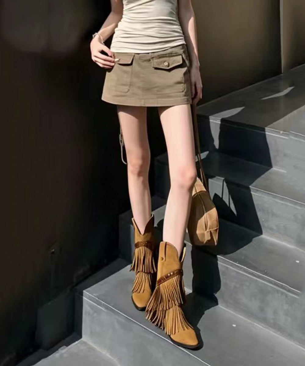 Vintage Khaki Tassel Pointed Toe Rivet Suede Wedge Cowboy Boots