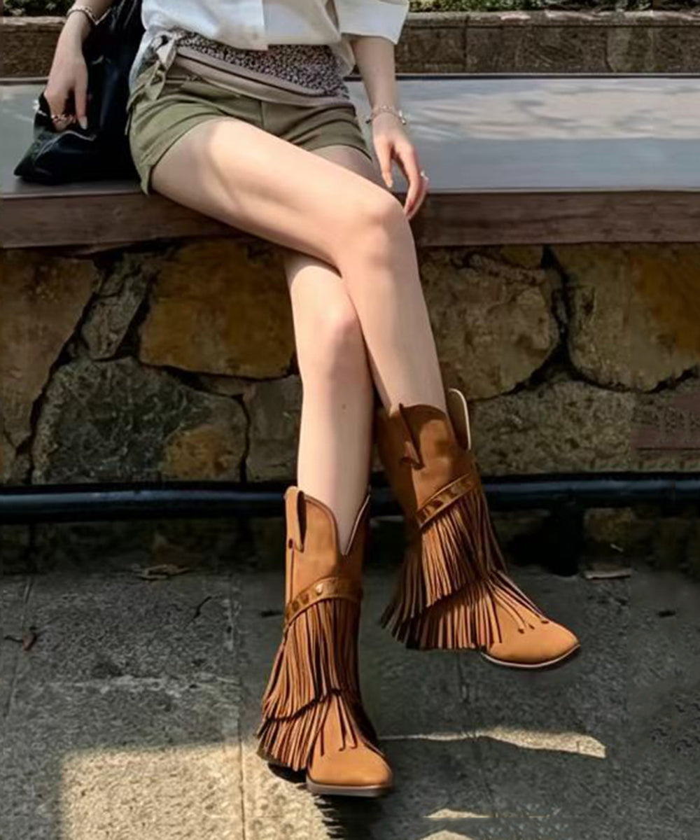 Vintage Khaki Tassel Pointed Toe Rivet Suede Wedge Cowboy Boots