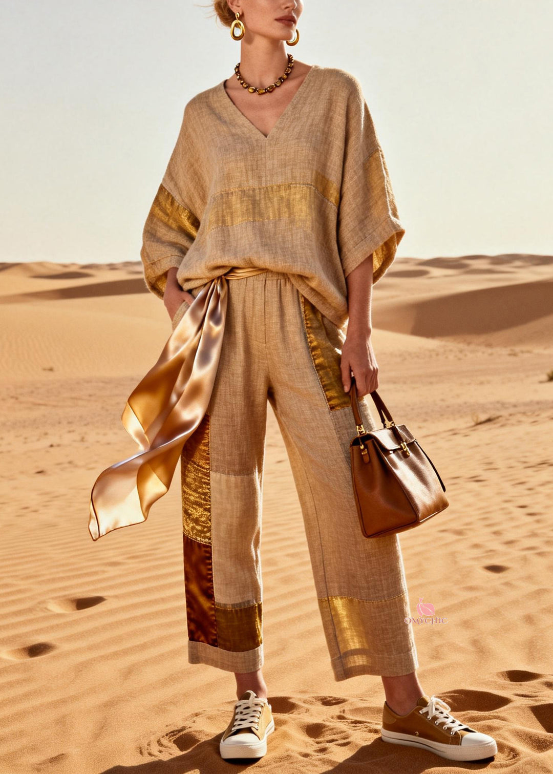 Vintage Khaki V Neck Tops And Crop Pants Patchwork Silk Linen Two Pieces Set Batwing Sleeve