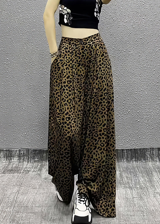 Vintage Leopard Pockets High Waist Cotton Wide Leg Pants Summer