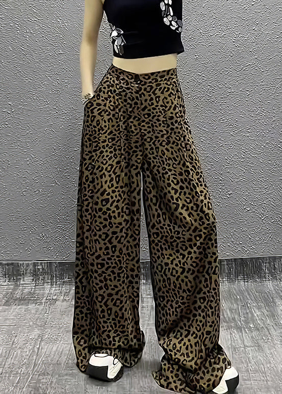 Vintage Leopard Pockets High Waist Cotton Wide Leg Pants Summer
