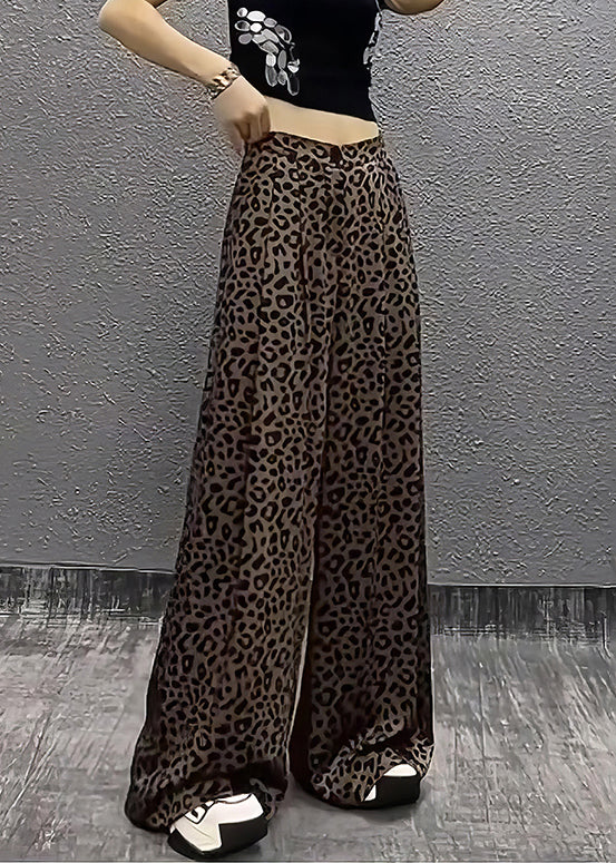 Vintage Leopard Pockets High Waist Cotton Wide Leg Pants Summer