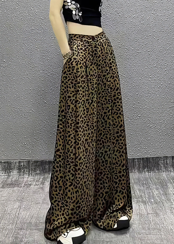 Vintage Leopard Pockets High Waist Cotton Wide Leg Pants Summer