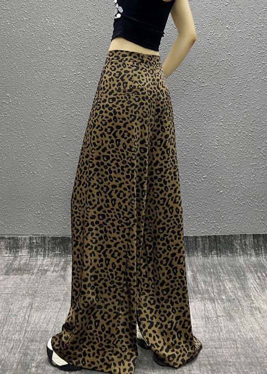 Vintage Leopard Pockets High Waist Cotton Wide Leg Pants Summer
