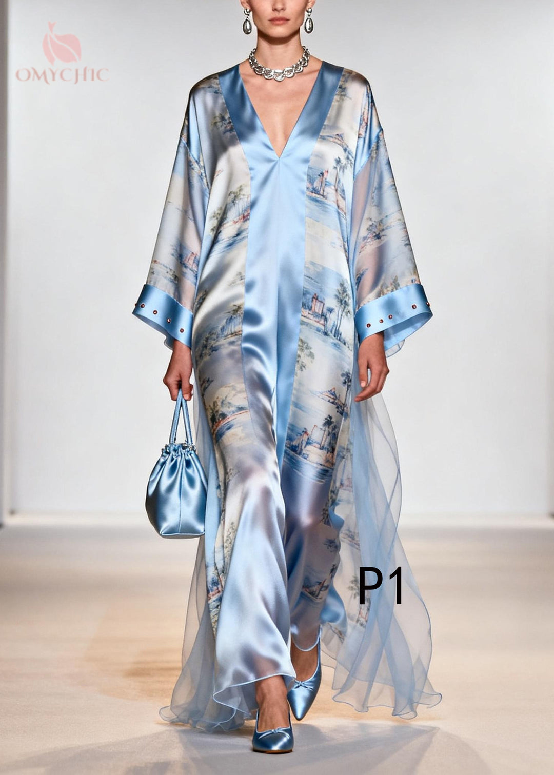 Vintage Light Blue Print Tulle Patchwork Rhinestone Dresses Summer