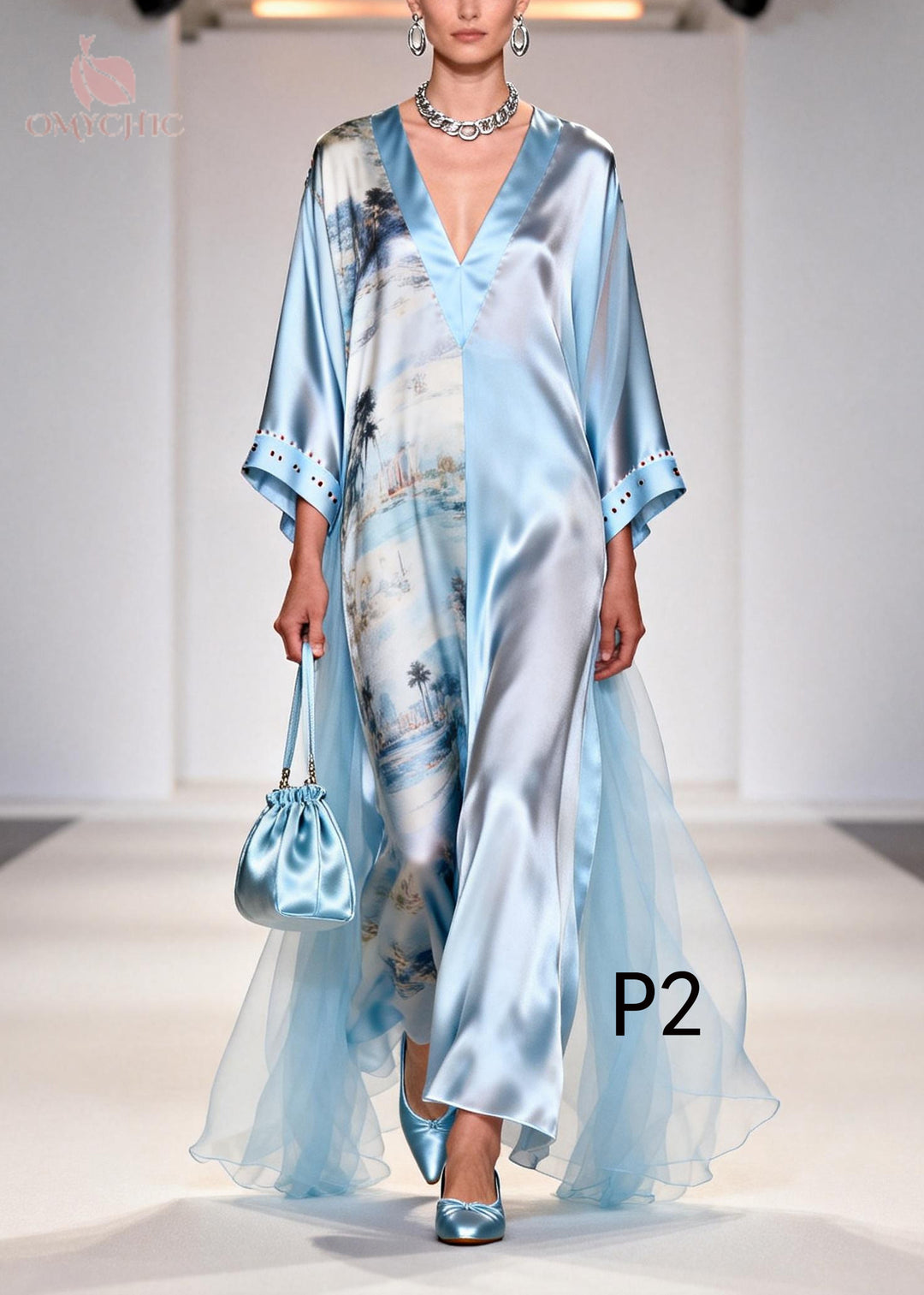 Vintage Light Blue Print Tulle Patchwork Rhinestone Dresses Summer