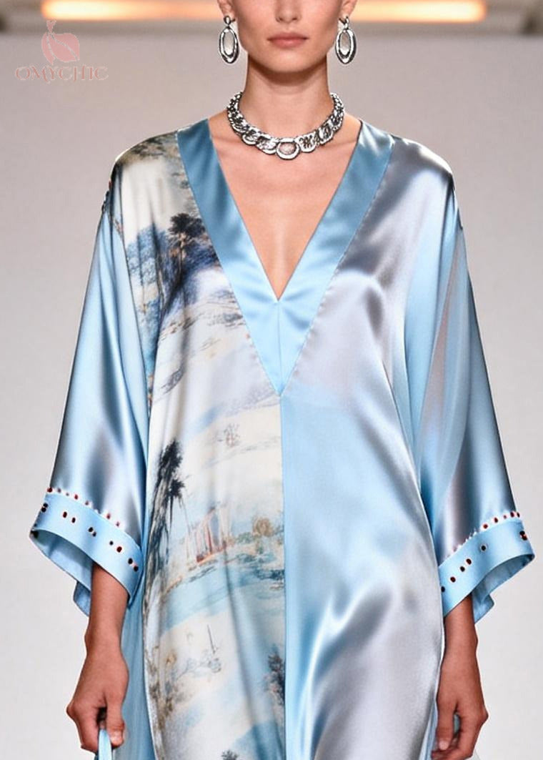 Vintage Light Blue Print Tulle Patchwork Rhinestone Dresses Summer