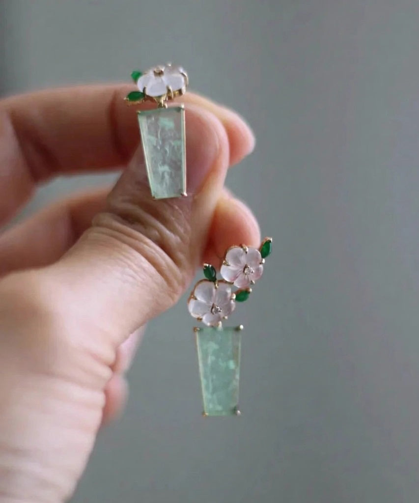 Vintage Light Green Copper Overgild Floral Drop Earrings