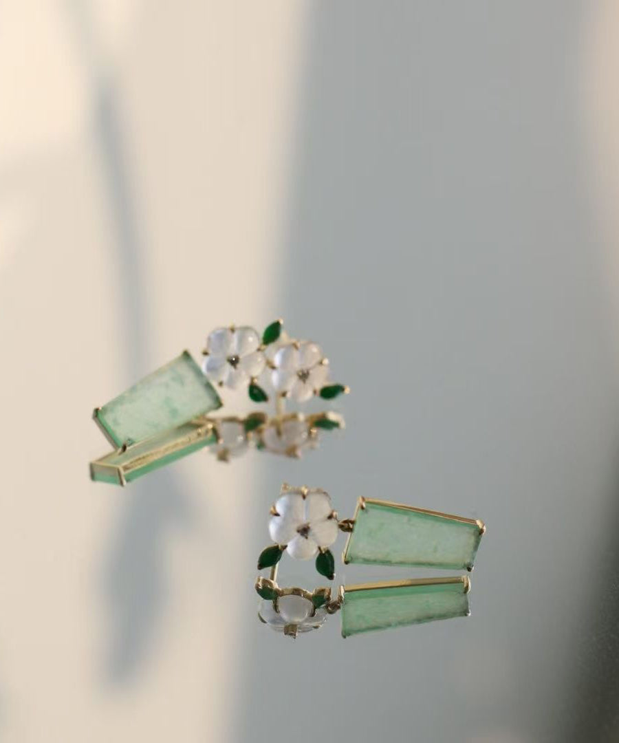Vintage Light Green Copper Overgild Floral Drop Earrings