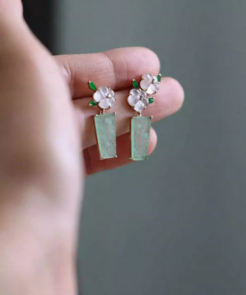 Vintage Light Green Copper Overgild Floral Drop Earrings