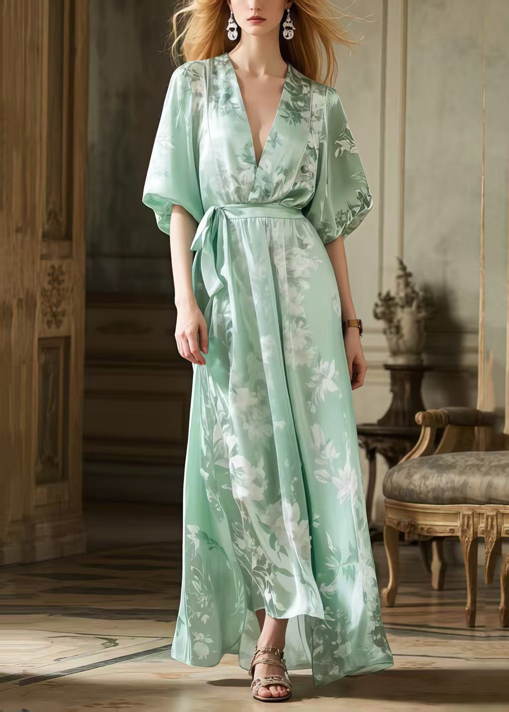 Vintage Light Green Tie Waist Print Silk Long Dress Summer