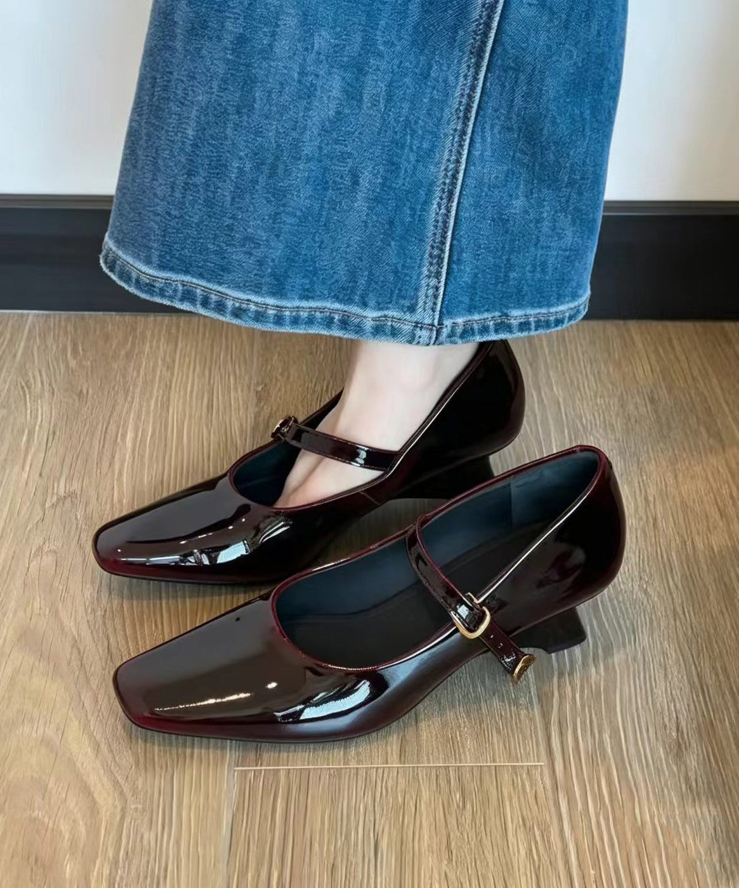 Vintage Mulberry Square Toe Buckle Strap Wedge Mary Janes