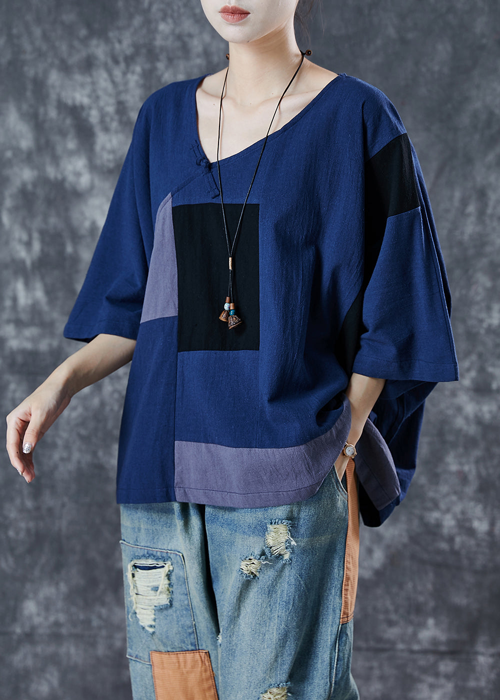Vintage Navy Asymmetrical Patchwork Linen Tank Summer