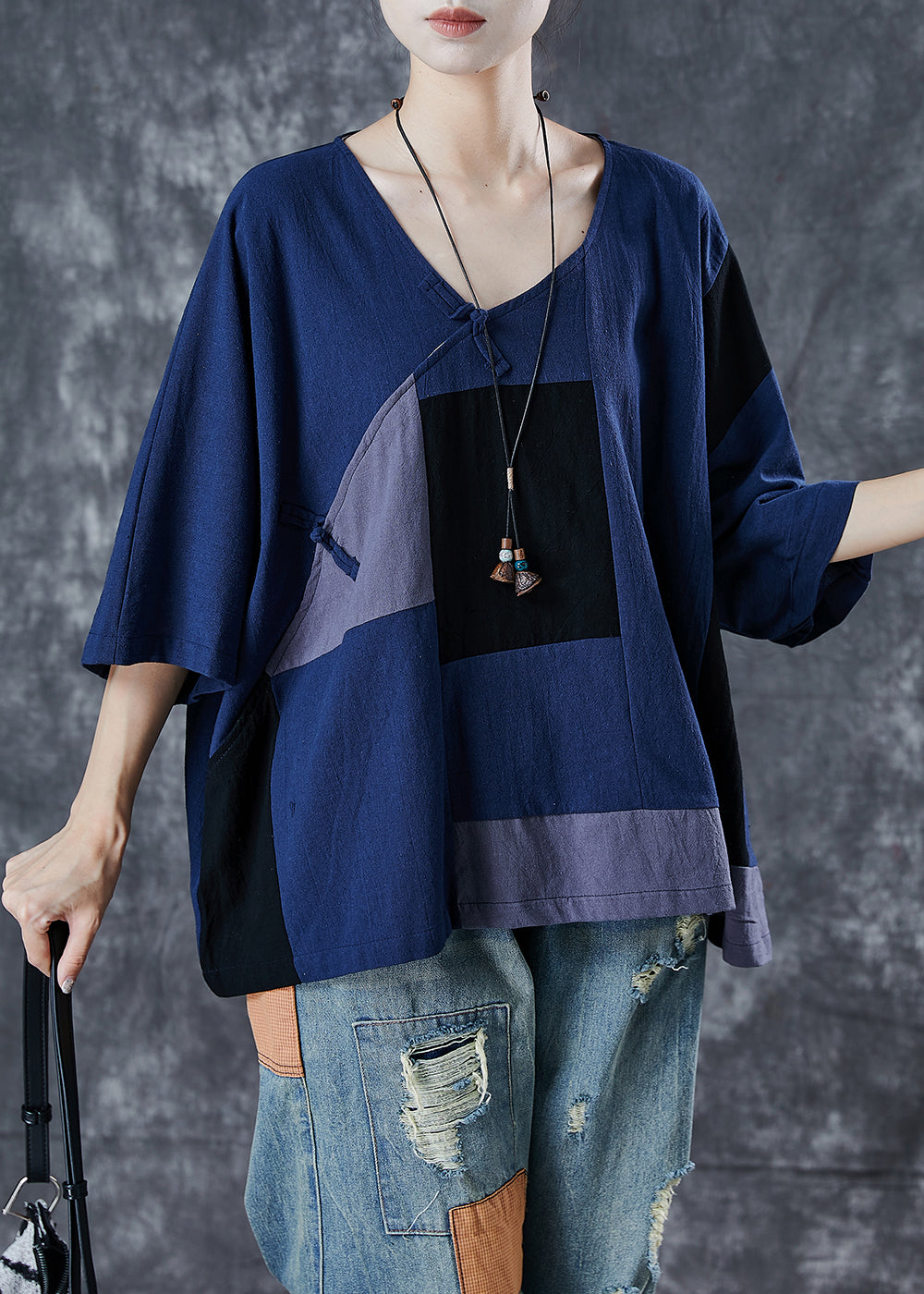 Vintage Navy Asymmetrical Patchwork Linen Tank Summer