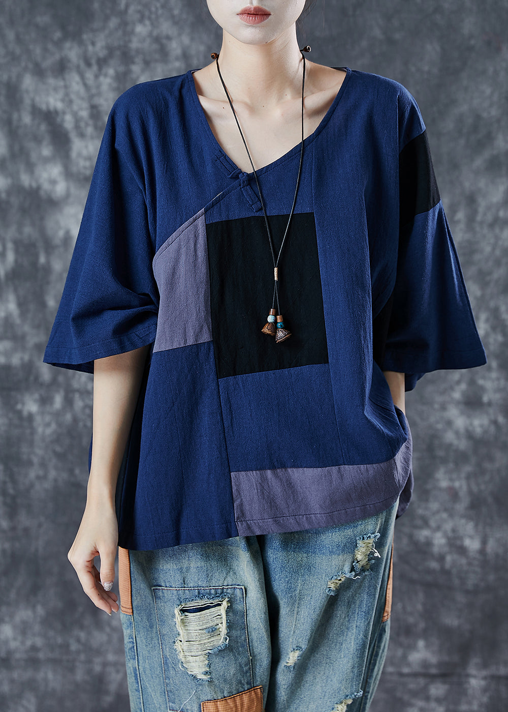 Vintage Navy Asymmetrical Patchwork Linen Tank Summer