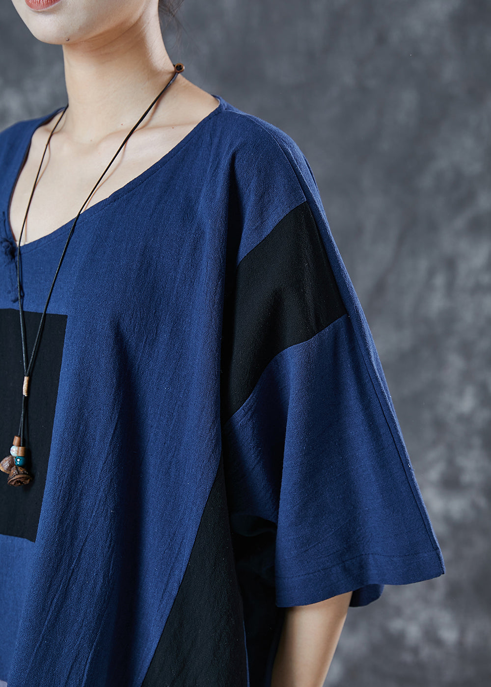 Vintage Navy Asymmetrical Patchwork Linen Tank Summer
