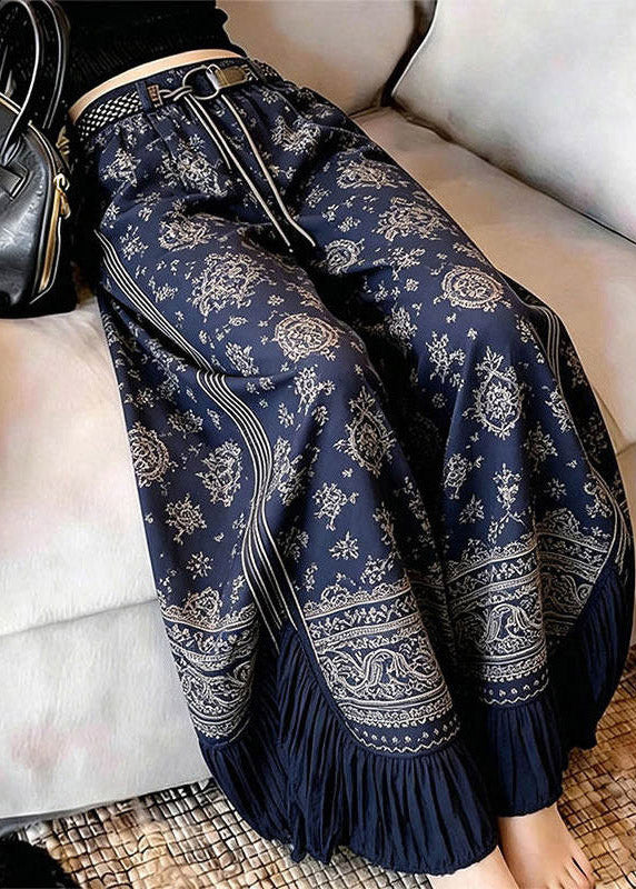 Vintage Navy Blue Asymmetrical Print Wrinkled Straight Pants
