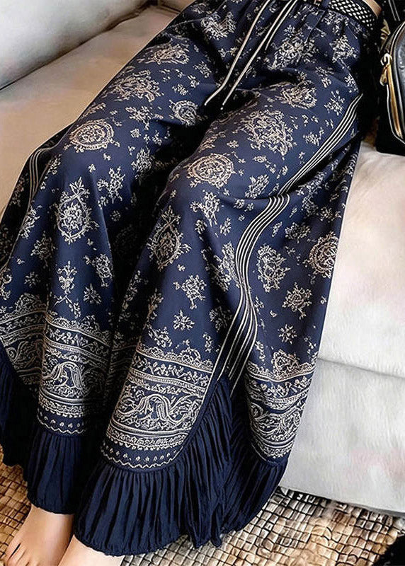 Vintage Navy Blue Asymmetrical Print Wrinkled Straight Pants
