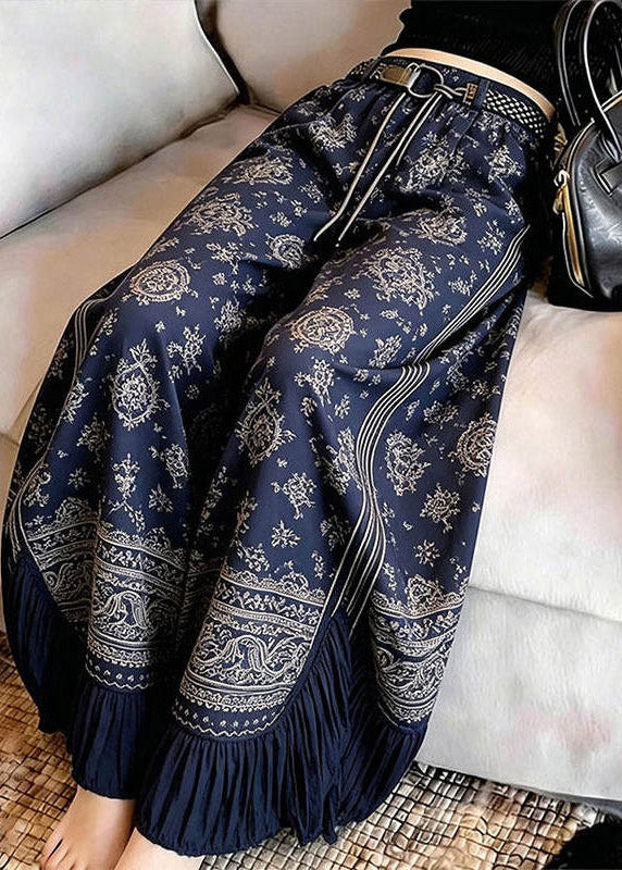 Vintage Navy Blue Asymmetrical Print Wrinkled Straight Pants