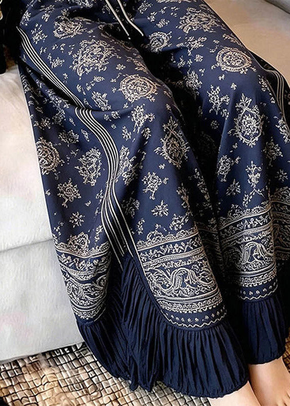Vintage Navy Blue Asymmetrical Print Wrinkled Straight Pants