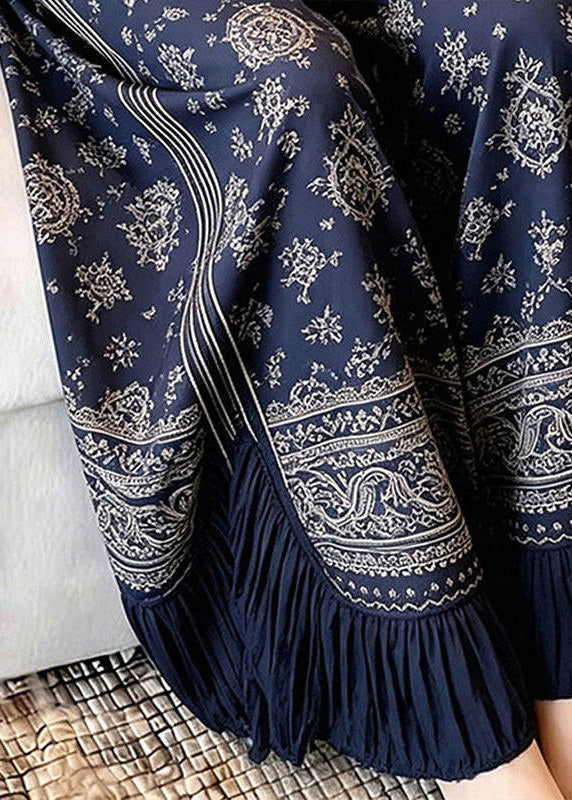 Vintage Navy Blue Asymmetrical Print Wrinkled Straight Pants