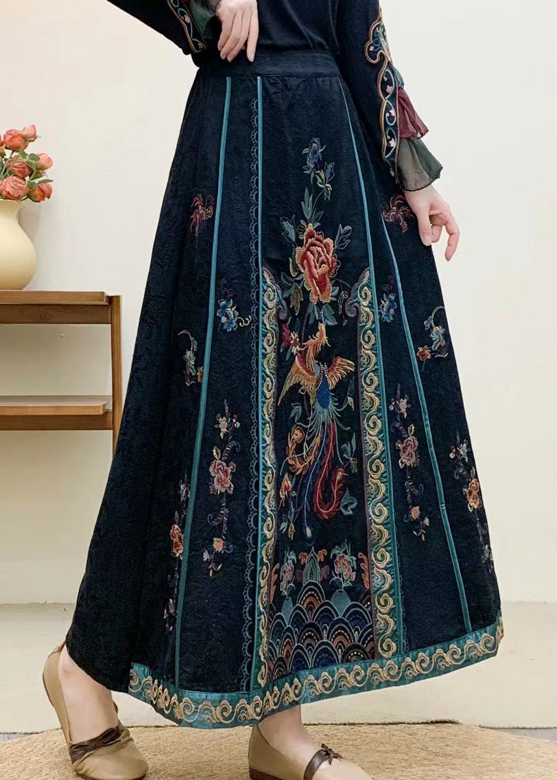 Vintage Navy Embroidered High Waist Cotton Skirt Fall