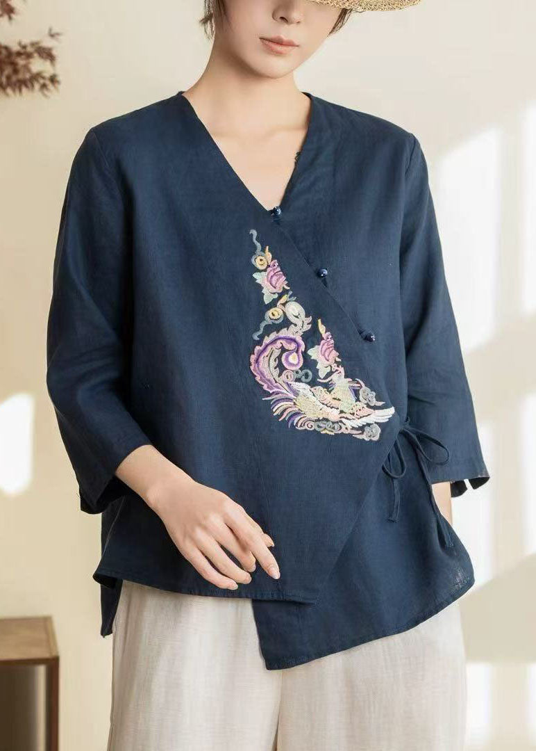 Vintage Navy Embroidered Tie Waist Linen Shirts Spring