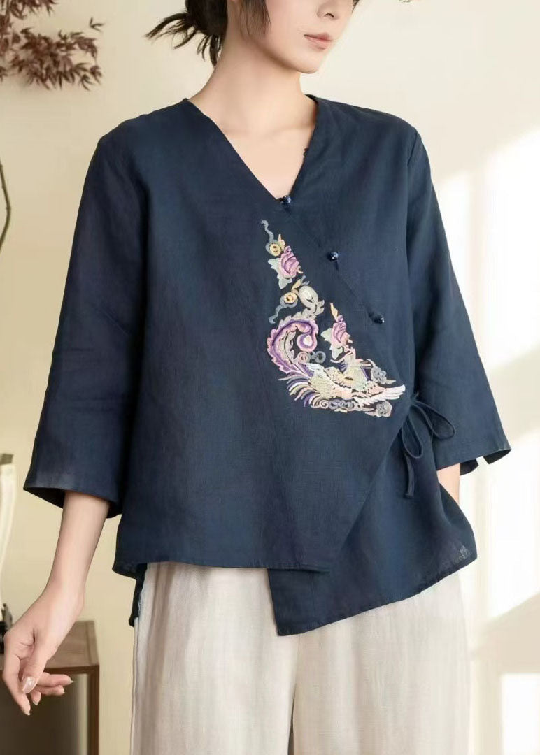 Vintage Navy Embroidered Tie Waist Linen Shirts Spring