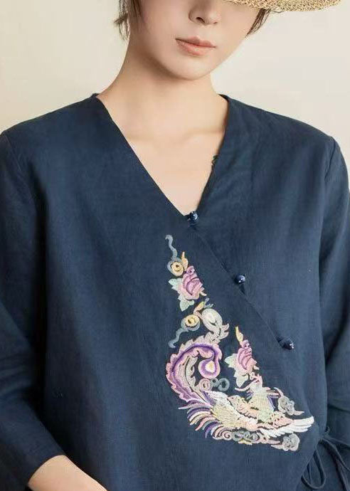 Vintage Navy Embroidered Tie Waist Linen Shirts Spring