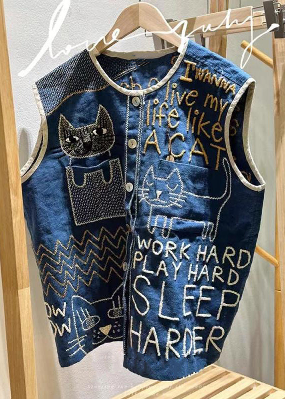 Vintage Navy Embroideried Linen Beach Vest Sleeveless