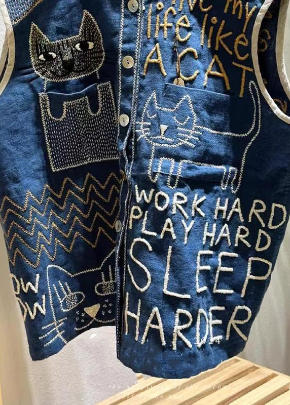 Vintage Navy Embroideried Linen Beach Vest Sleeveless