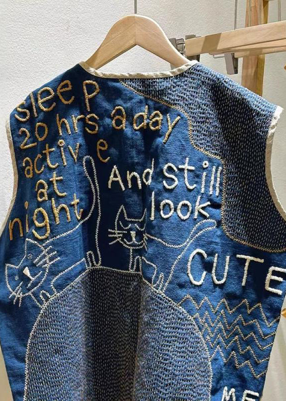 Vintage Navy Embroideried Linen Beach Vest Sleeveless